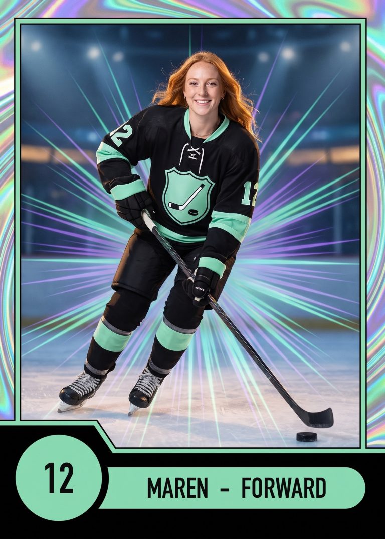 A hockey card of a red-haired woman in a black and mint uniform, number 12, skating with the puck on her stick against a burst of mint and violet light