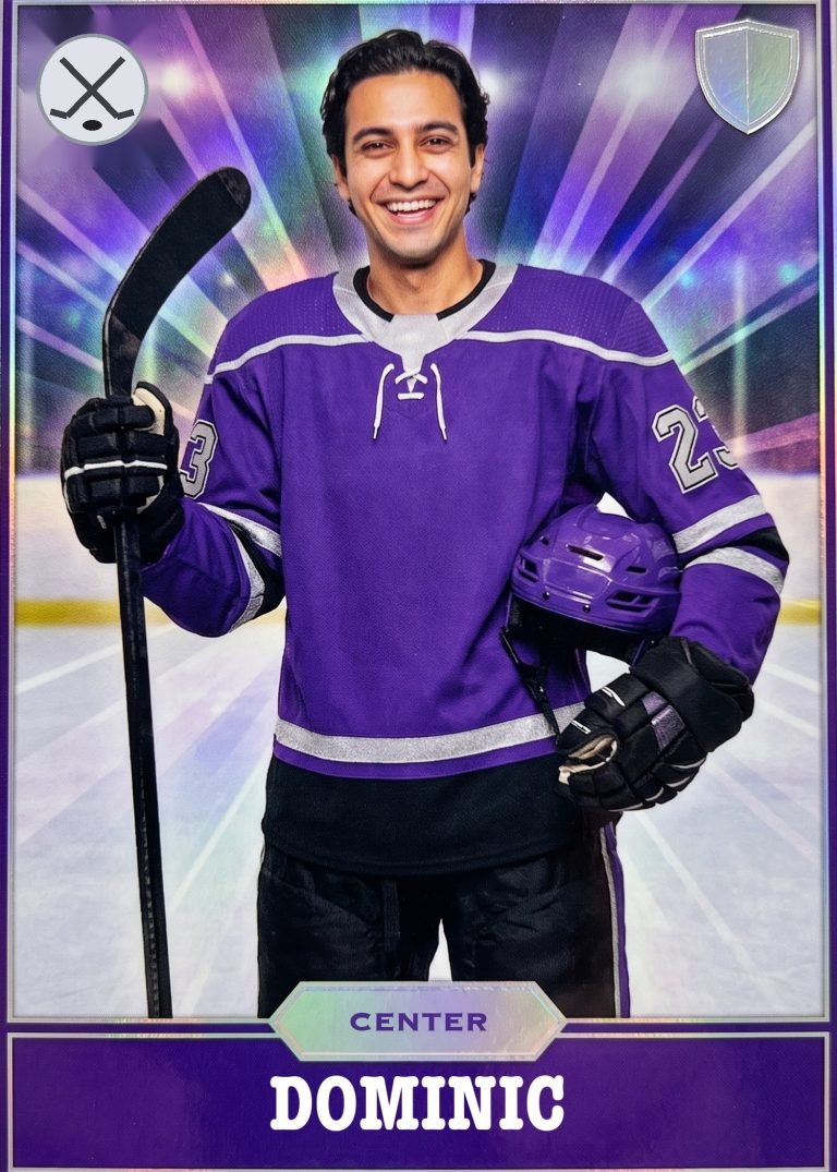 A violet hockey card of a smiling man in a purple and silver sweater, number 23, holding his stick upright with his helmet under one arm