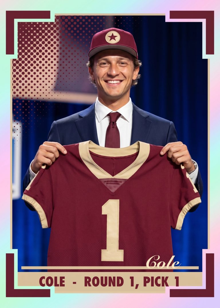 A maroon and cream draft-night card of a man in a navy suit and ballcap holding up a maroon number 1 jersey, captioned ROUND 1, PICK 1