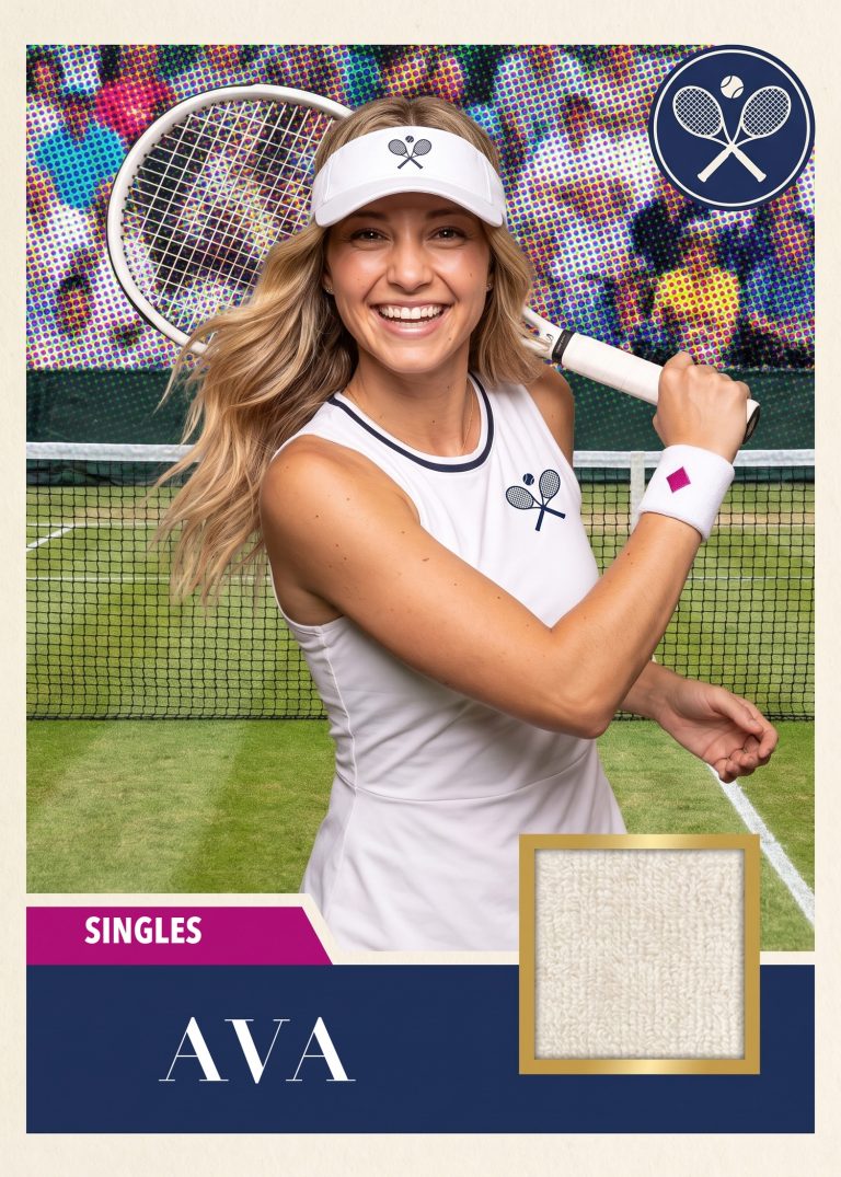 A navy and cream tennis card of a woman in tennis whites and a visor swinging a racket on a grass court, with a swatch of white fabric set into the card