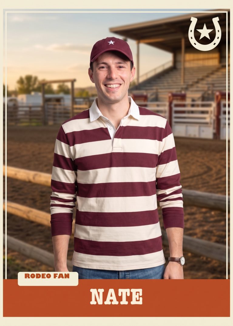 A rust and cream rodeo card of a man in a maroon striped rugby shirt and ballcap standing in front of a rodeo arena and grandstand at sunset