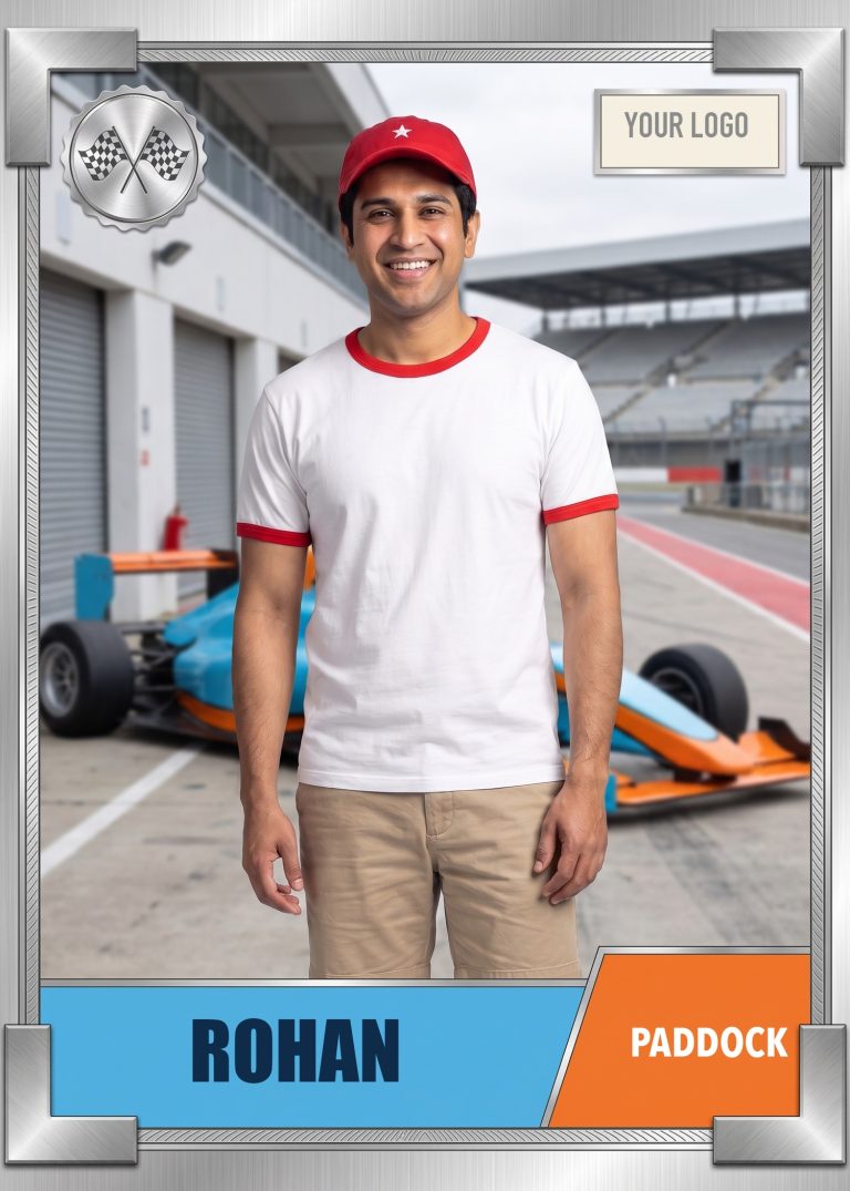 A silver-framed motorsport card of a man in a white ringer T-shirt and red ballcap standing in a pit lane beside a teal and orange race car, with a YOUR LOGO panel