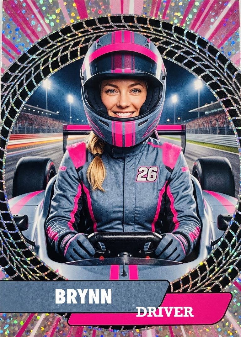 A sparkle motorsport card of a woman in a gray and pink race suit and helmet, visor up, gripping the wheel in a cockpit framed by a tire