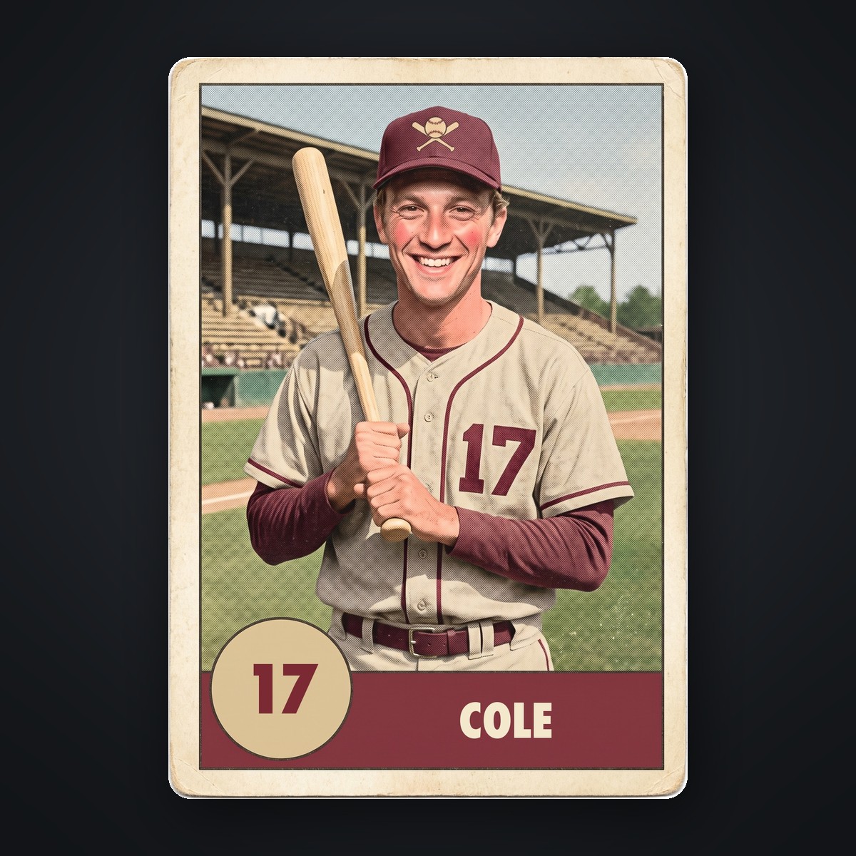 A baseball card named COLE with a maroon nameplate: a man in a sand and maroon uniform with 17 on the chest