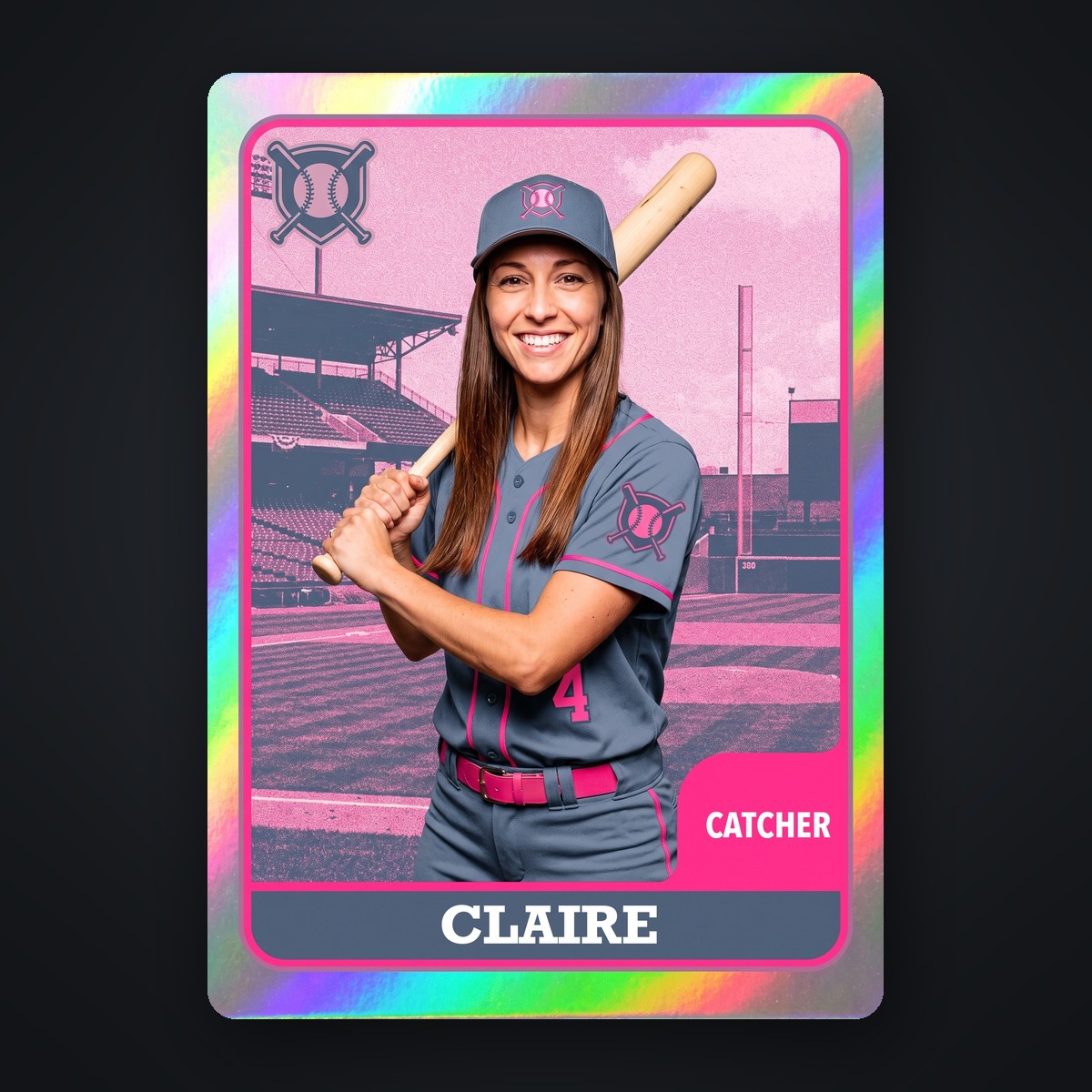 A rainbow-foil baseball card named CLAIRE with a pink border: a woman in a slate and pink uniform with 4 on the chest