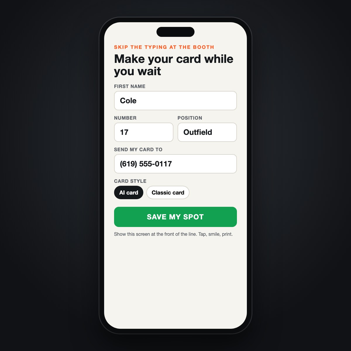 A phone showing a pre-registration form with first name, number, position, mobile number and a choice of AI card or classic card