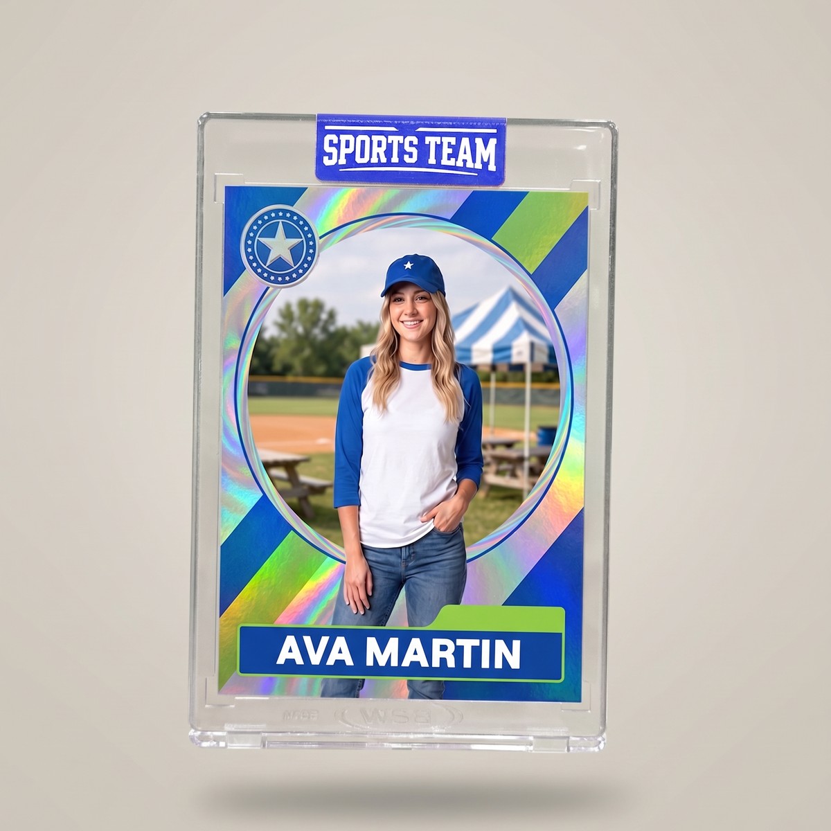 A holographic blue and green card named AVA MARTIN sealed in a clear acrylic case, closed across the top with a blue SPORTS TEAM sticker