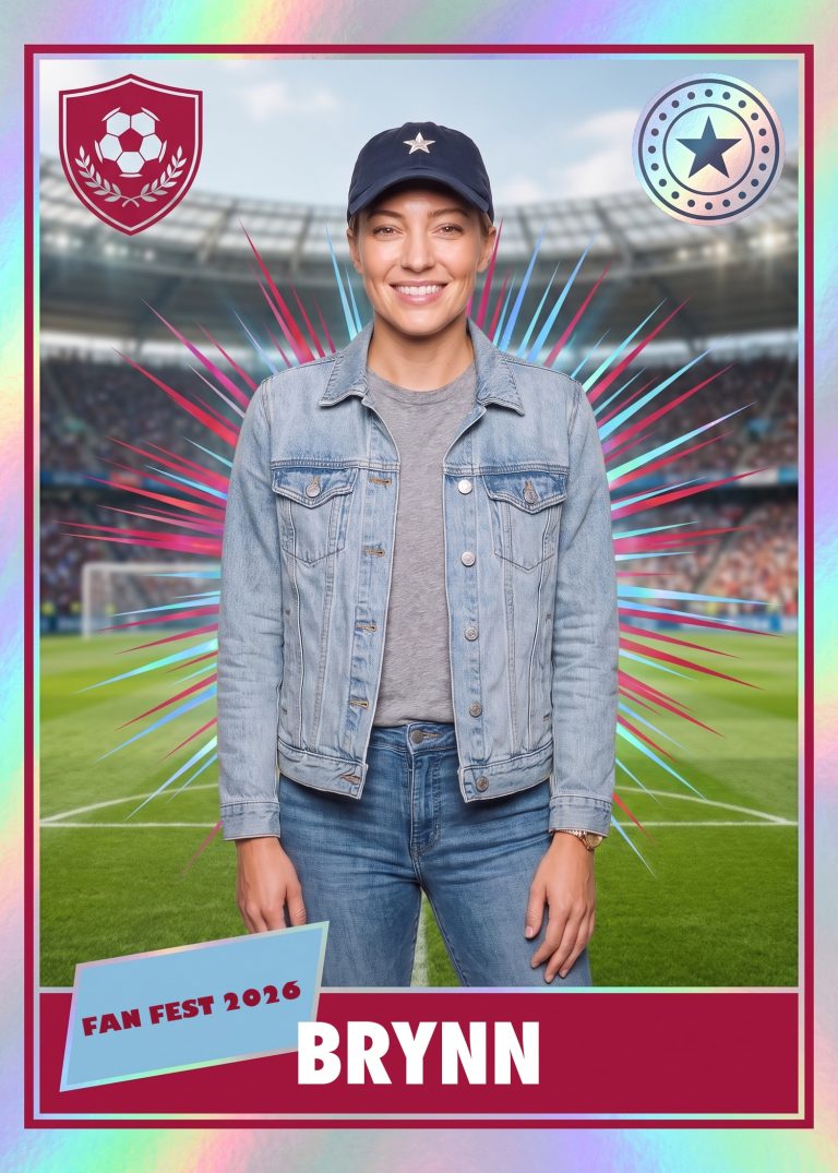 A holographic soccer card of a woman in a denim jacket and navy ballcap standing on a stadium pitch, with a FAN FEST 2026 tag and a crest of a ball in a laurel