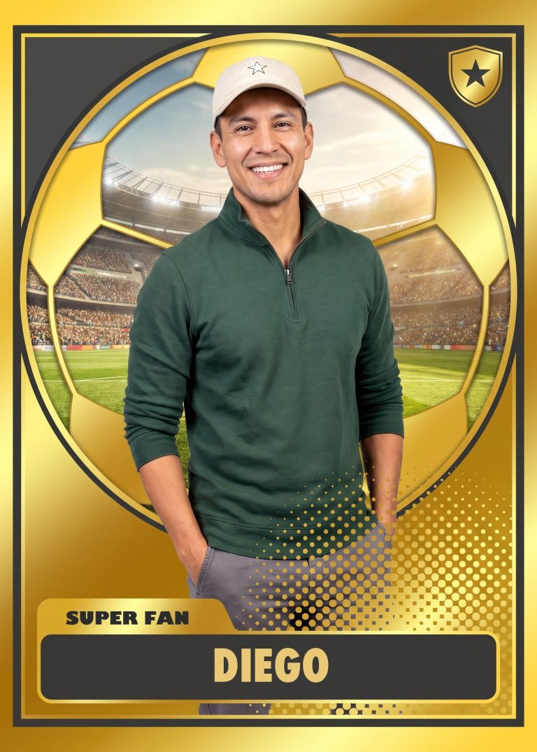 A gold soccer card of a man in a green quarter-zip and cream ballcap standing in a stadium, framed inside the outline of a soccer ball