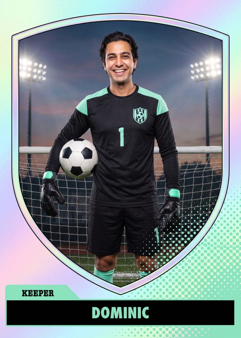 A shield-framed soccer card of a goalkeeper in a black and mint kit, number 1, holding a ball in front of a floodlit goal