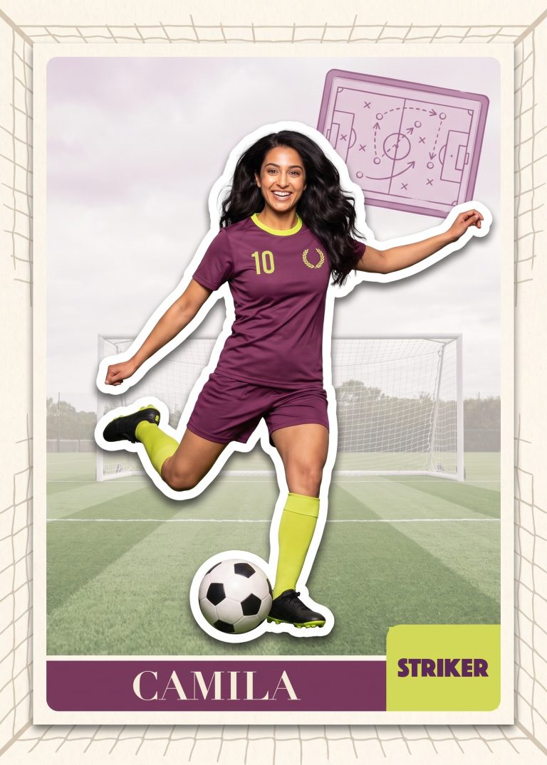 A cream soccer card of a woman in a plum and lime kit, number 10, striking a ball, cut out over a pale pitch with a tactics-board sketch