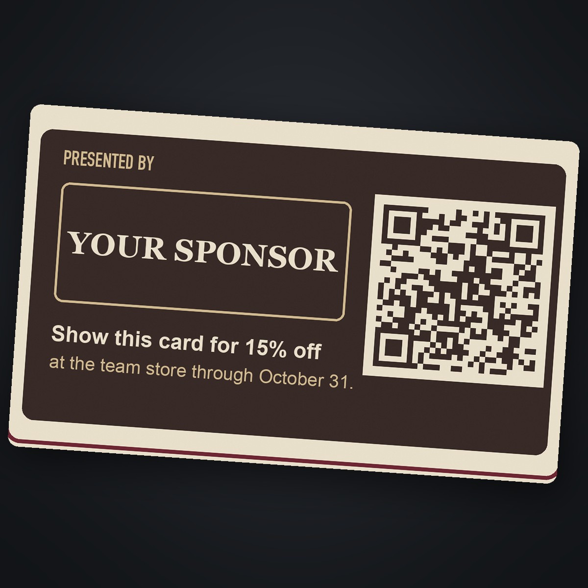 Close-up of a card back sponsor panel reading PRESENTED BY YOUR SPONSOR with a 15 percent off offer and a QR code