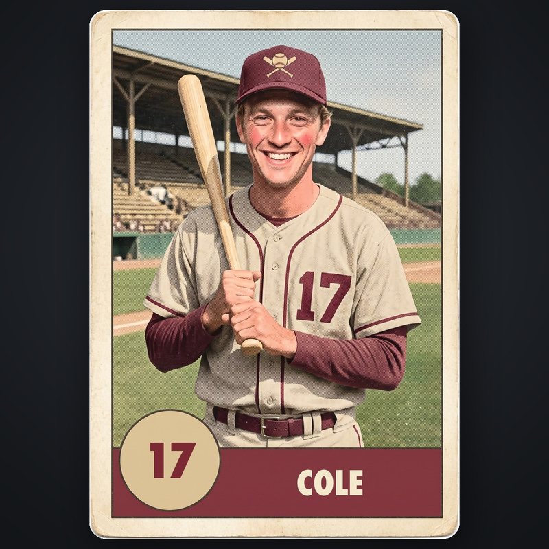 A printed trading card of a baseball player with a bat, number 17 and the name Cole