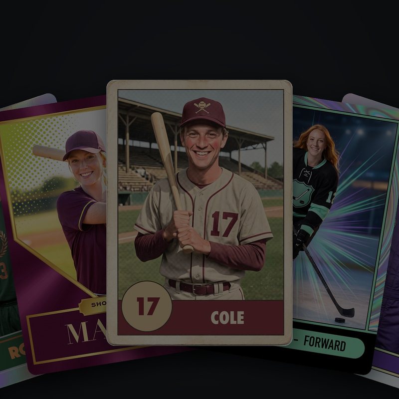 Five personalized trading cards fanned out, each printed with a different guest photo, name and card design