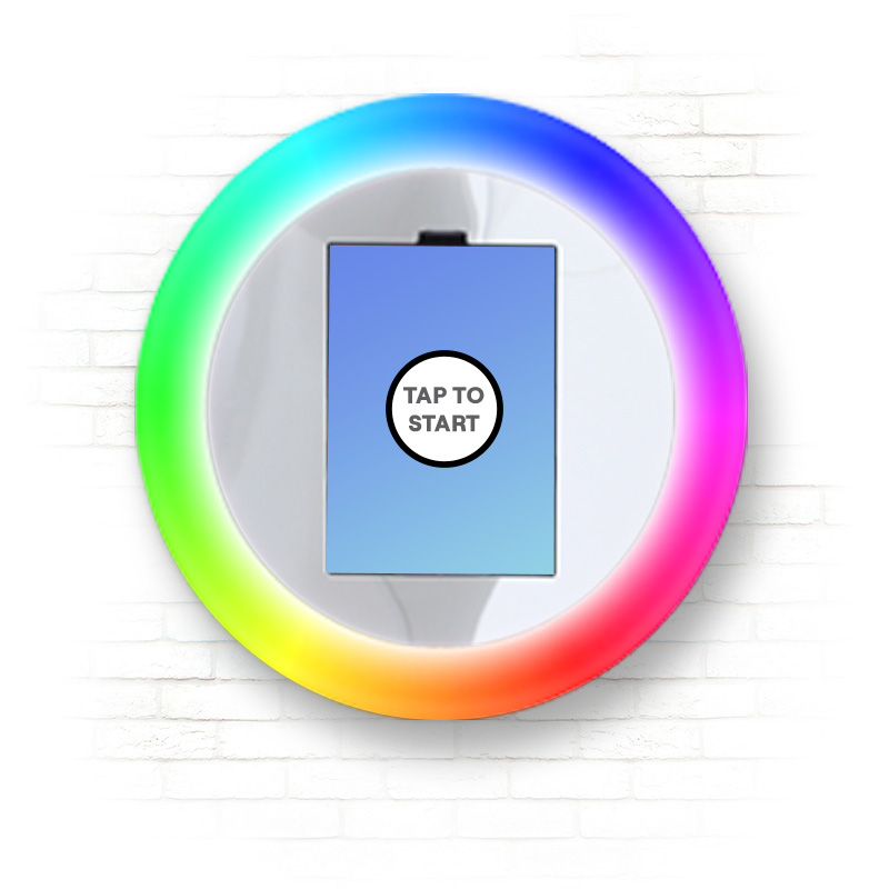 Wall-mounted ring-light photo booth with a vertical touchscreen
